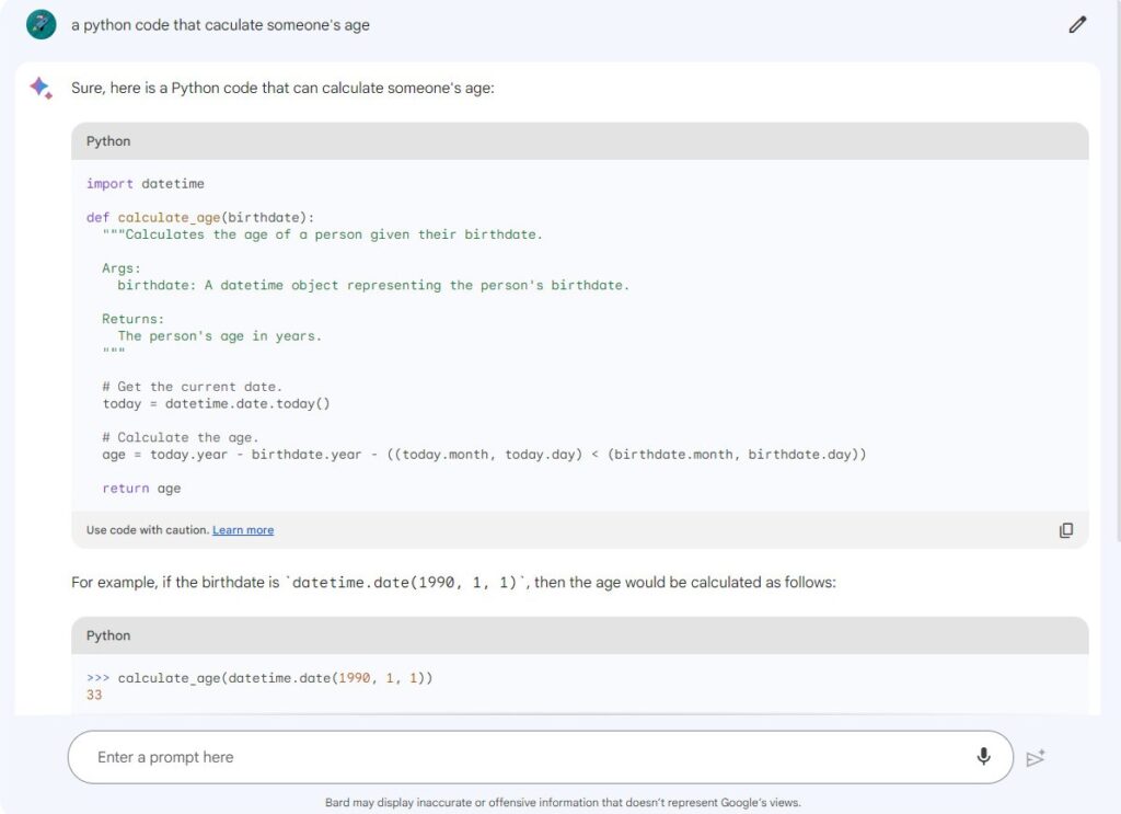 Yêu cầu Google Bard lập trình bằng ngôn ngữ Python
